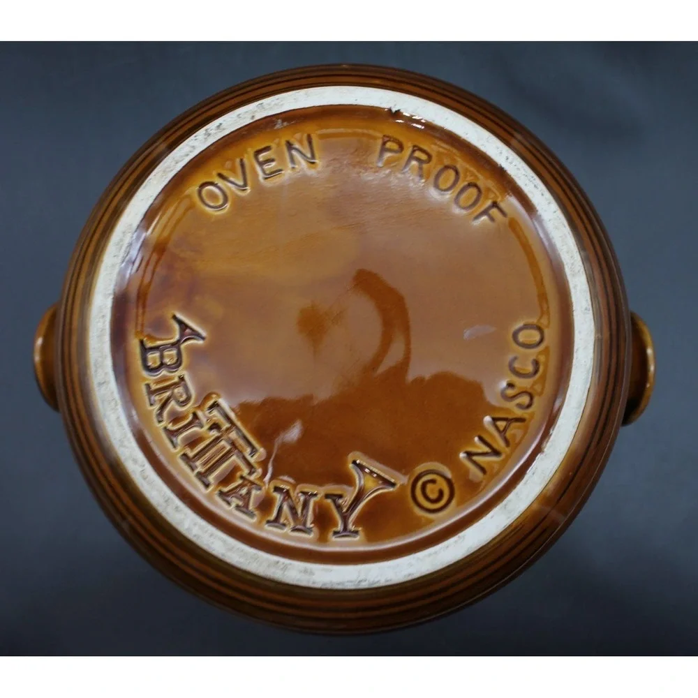 Nasco Brittany Oven Proof Brown Drip Glaze Pottery Crock w Handles USA